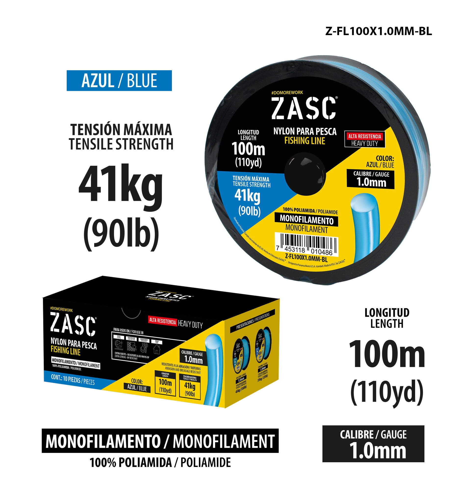 Hilo de Pesca 90lb Azul ZASC / Z-FL100X1.0MM-BL