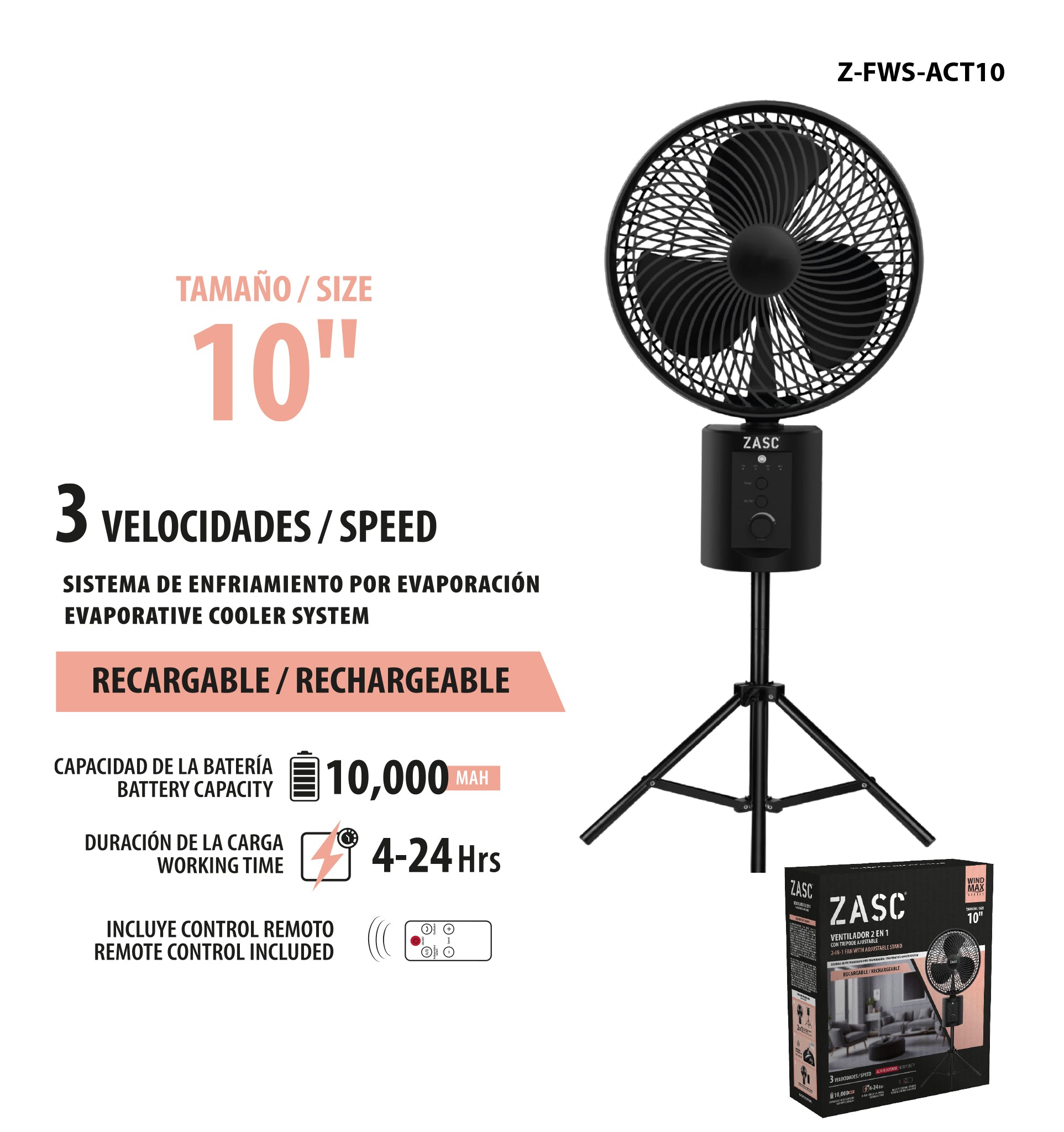 Ventilador 2 en 1 10" Control Remoto ZASC / Z-FWS-ACT10