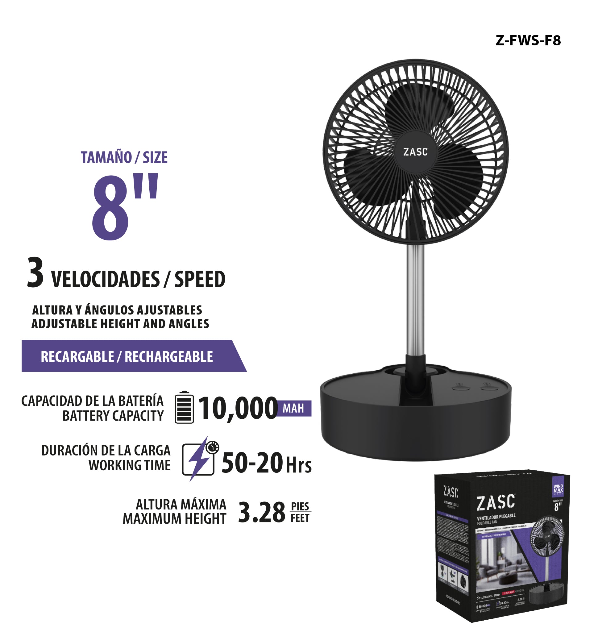 Ventilador Plegable 8" Recargable ZASC / Z-FWS-F8