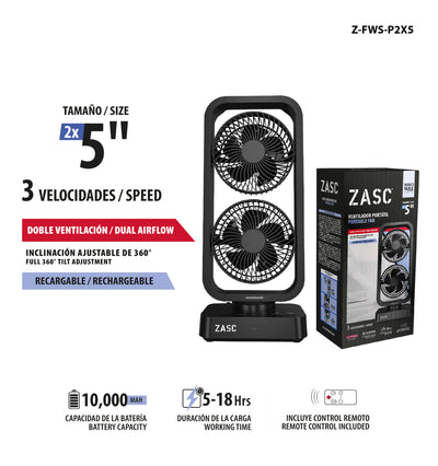 Ventilateur Double 2x5" Rechargeable ZASC / Z-FWS-P2X5