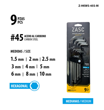 Medium Hex Key Set 9 pcs Zasc / Z-HKWS-45S-M