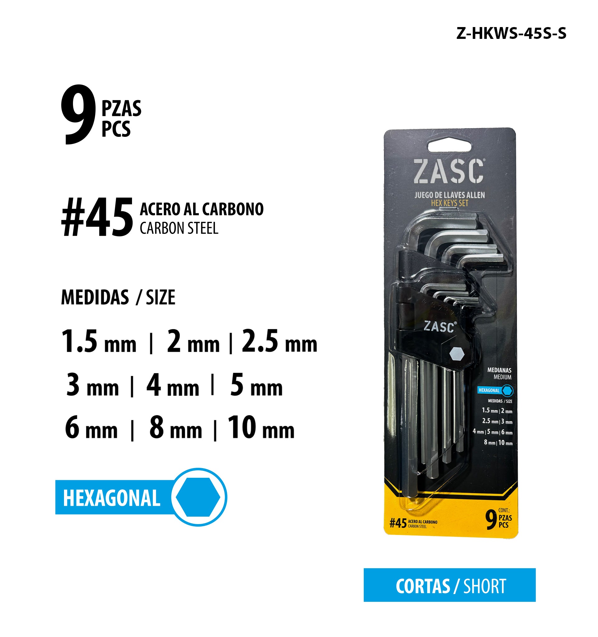 Short Hex Key Set 9 pcs Zasc / Z-HKWS-45S-S