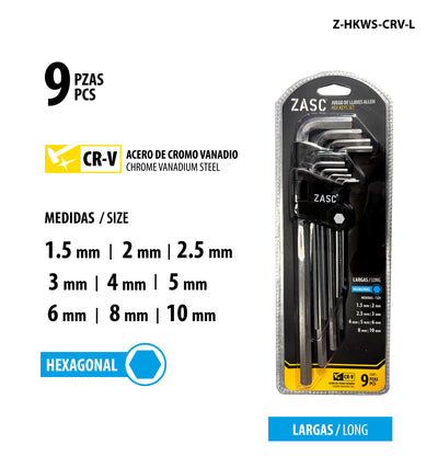 Long Hex Key Set 9 pcs Zasc / Z-HKWS-CRV-L