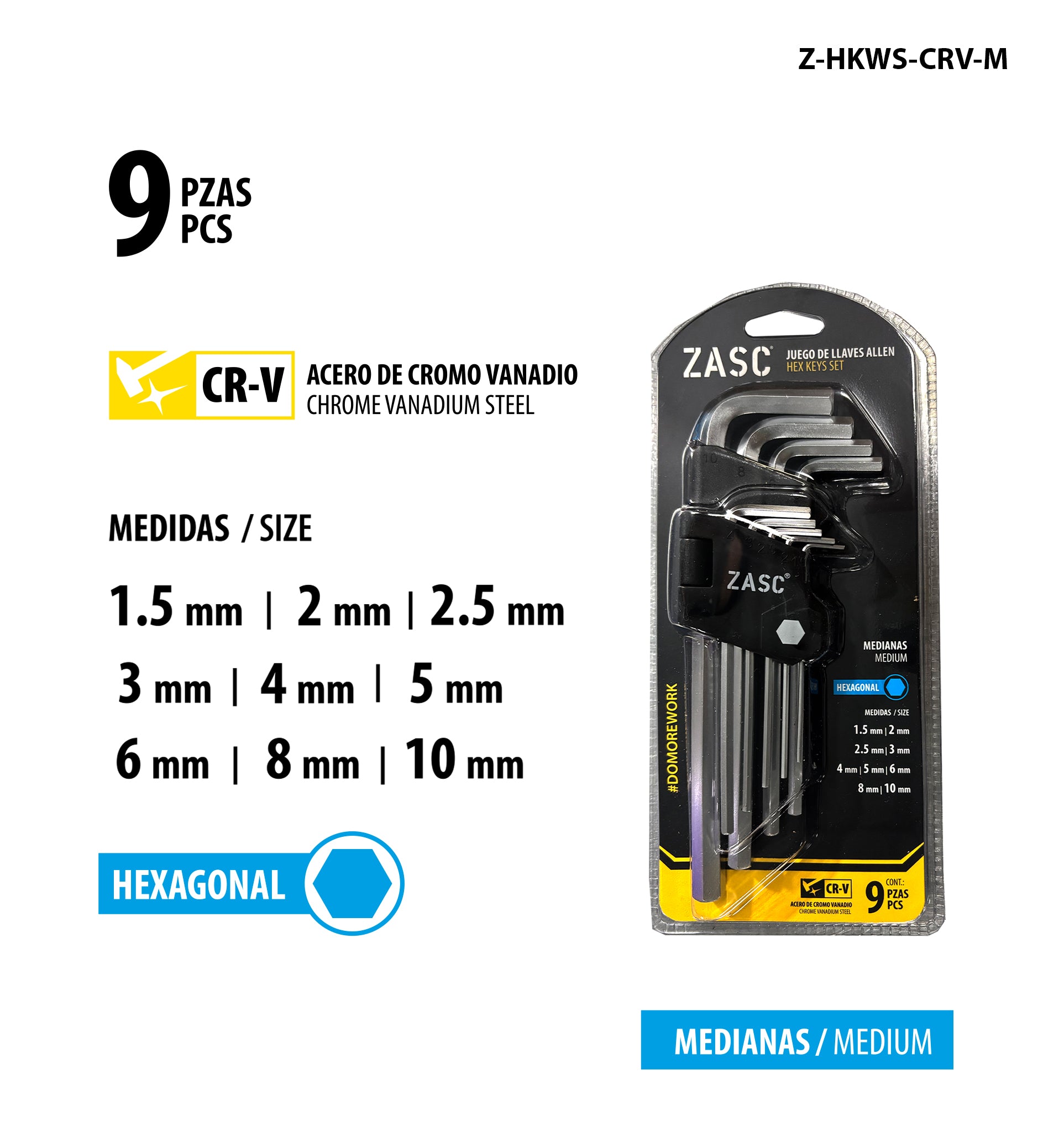 Medium Hex Key Set 9 pcs Zasc / Z-HKWS-CRV-M
