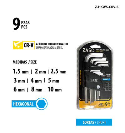 Short Hex Key Set 9 pcs Zasc / Z-HKWS-CRV-S
