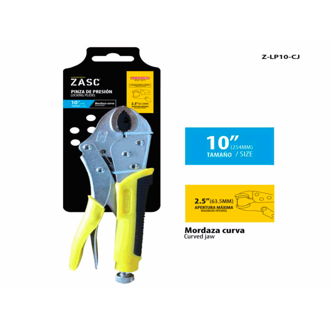 ZASC Locking Pliers 10" – Curved Jaw, Max Opening 2.5"