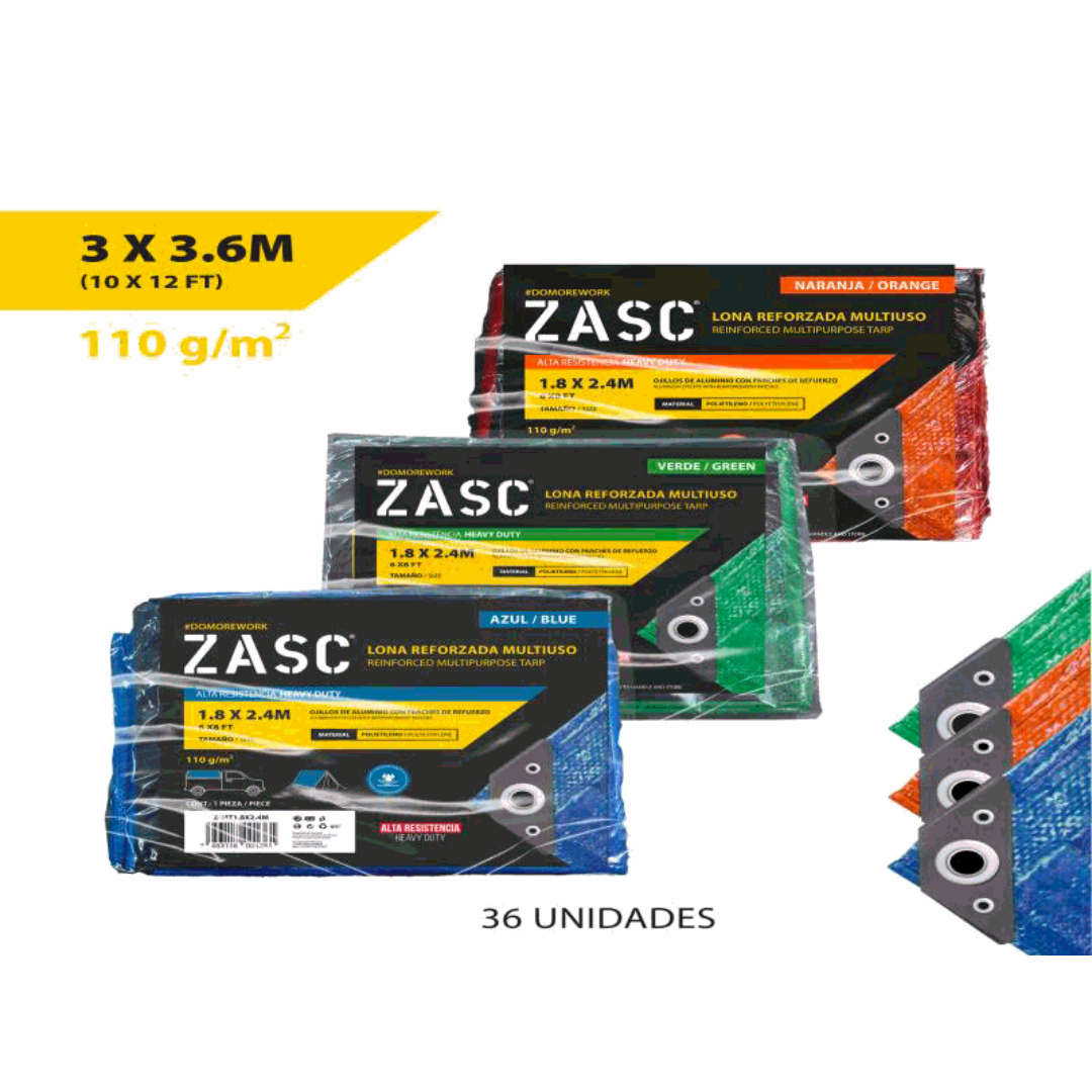 ZASC Reinforced Multipurpose Tarp 3 x 3.6 m (10 x 12 ft), 110 g/m², Assorted Colors