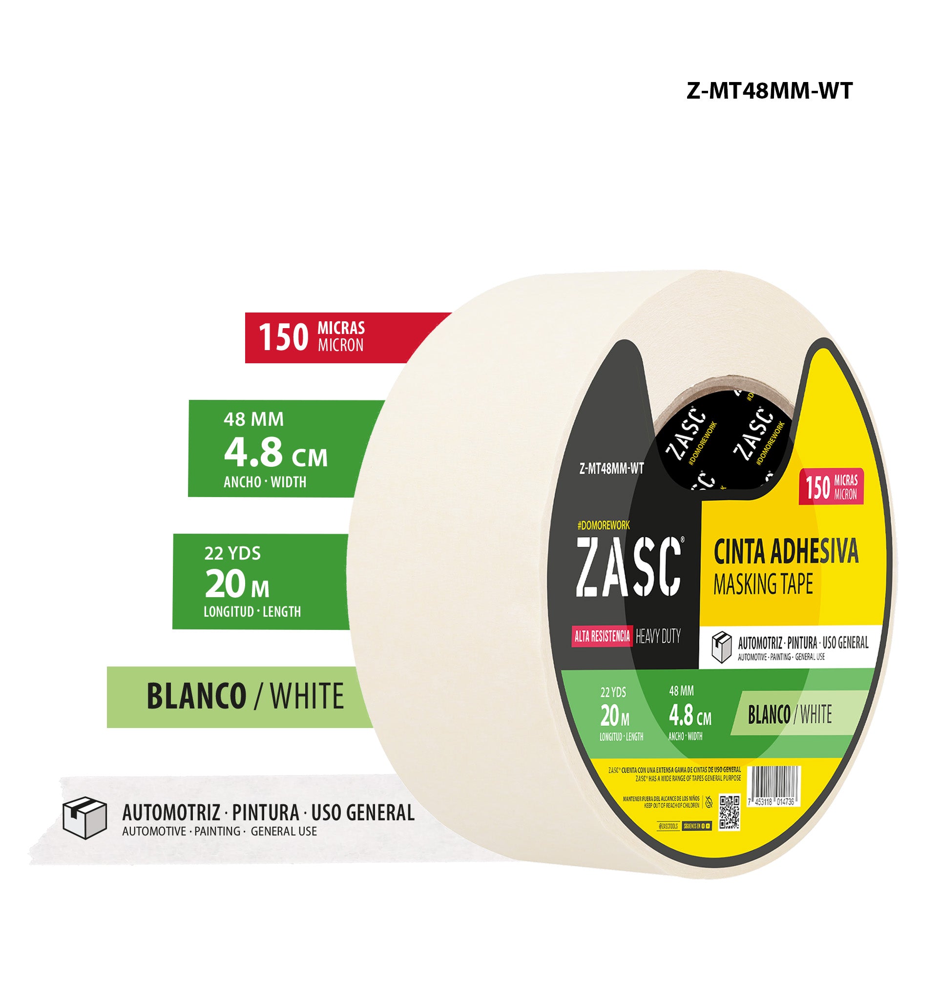Cinta Adhesiva de Papel Blanco ZASC / Z-MT48MM-WT