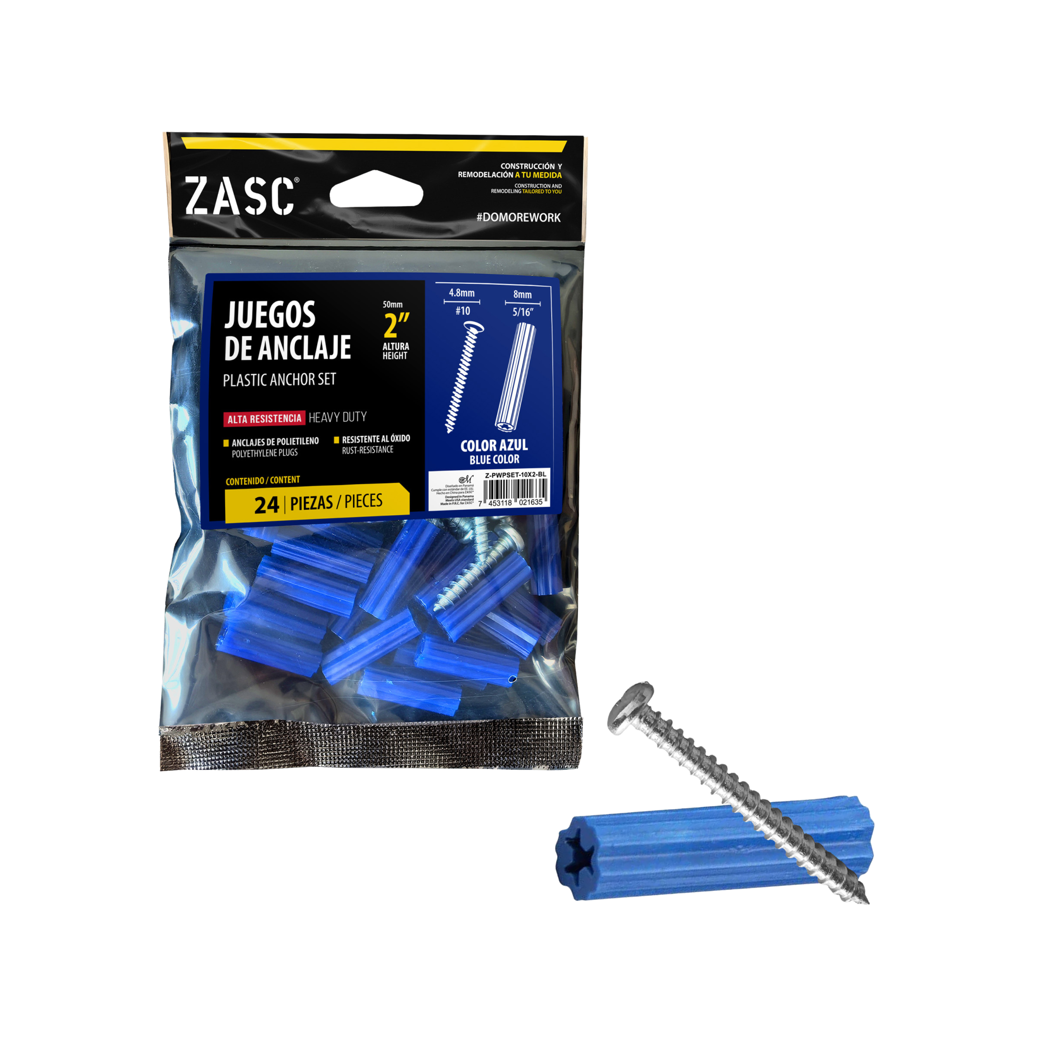 Juego de Anclaje Plástico Azul Zasc / Z-PWPSET-10X2-BL