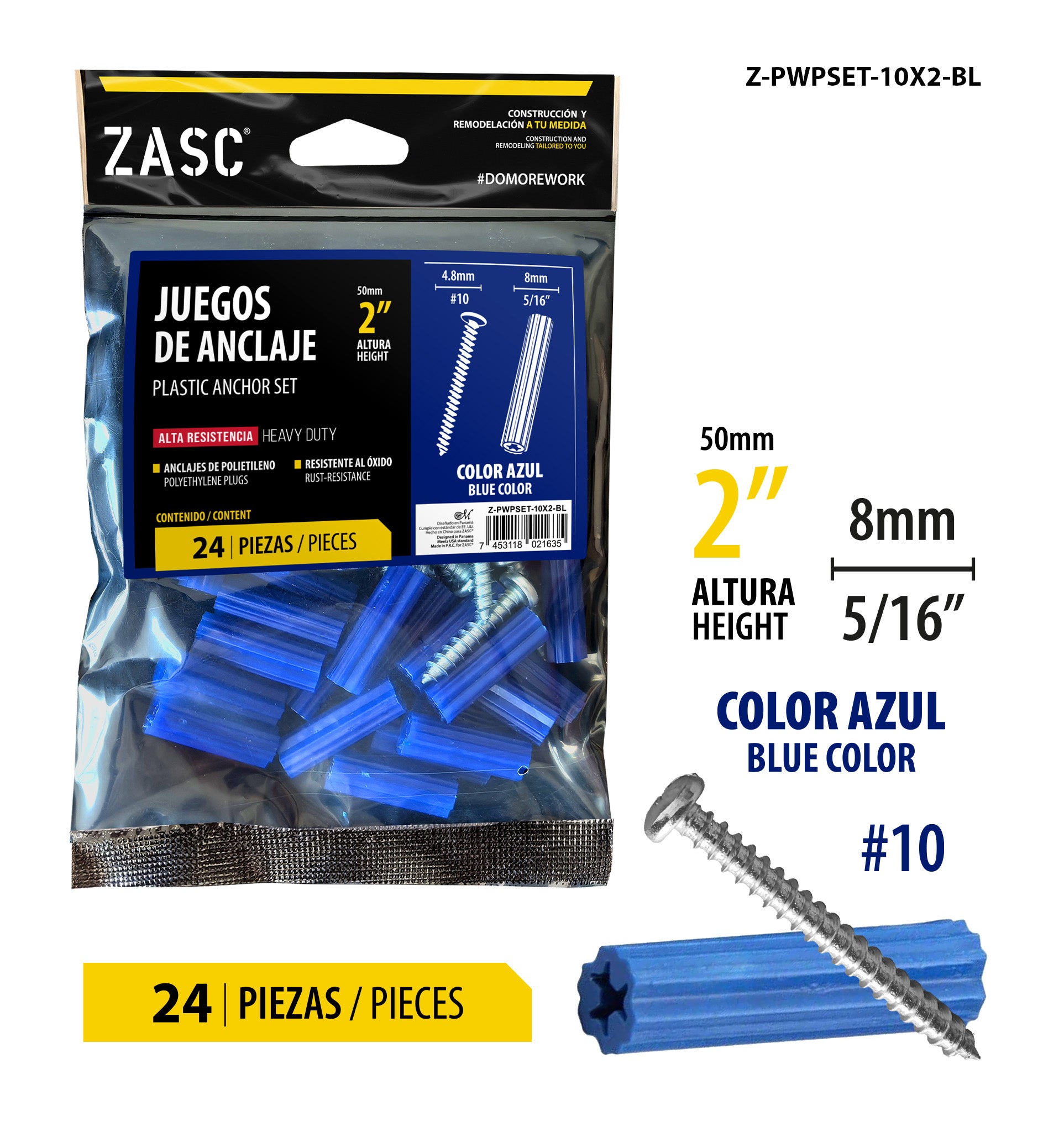 Juego de Anclaje Plástico Azul Zasc / Z-PWPSET-10X2-BL