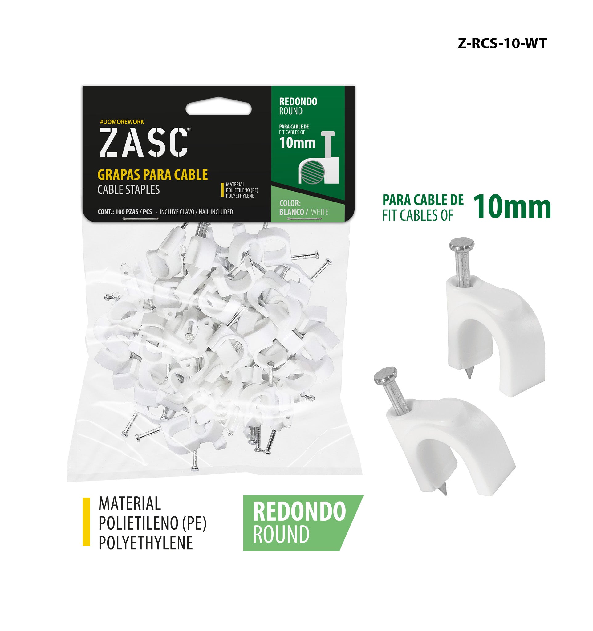 Grapas Cable Blanco 10mm ZASC / Z-RCS-10-WT