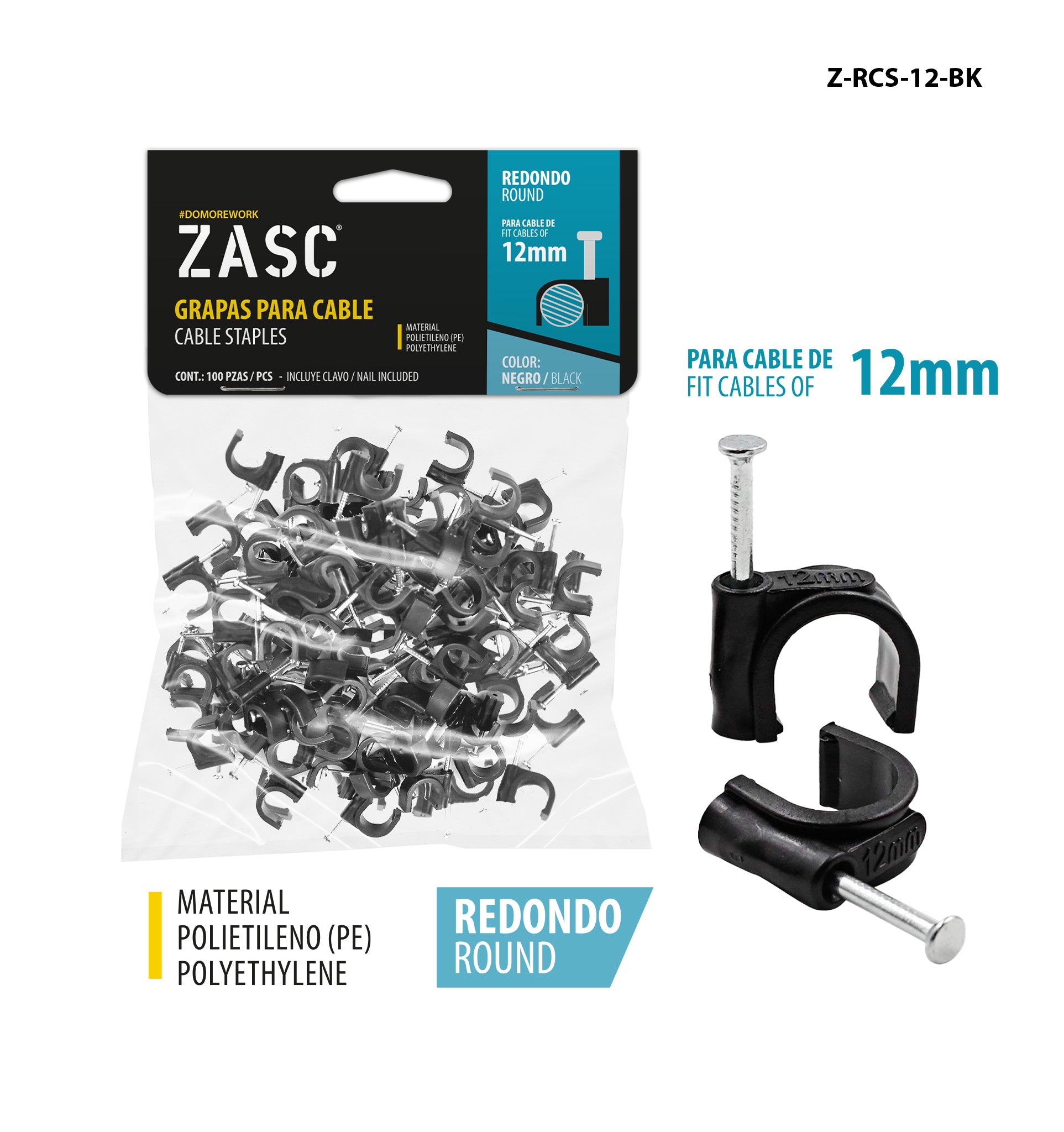 Grapas Cable Negro 12mm ZASC / Z-RCS-12-BK