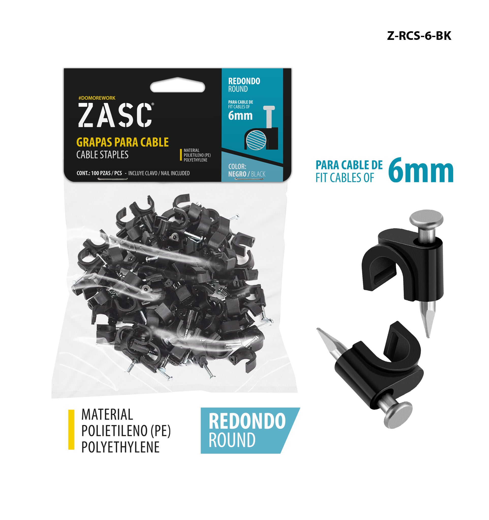 Grapas Cable Negro 6mm ZASC / Z-RCS-6-BK