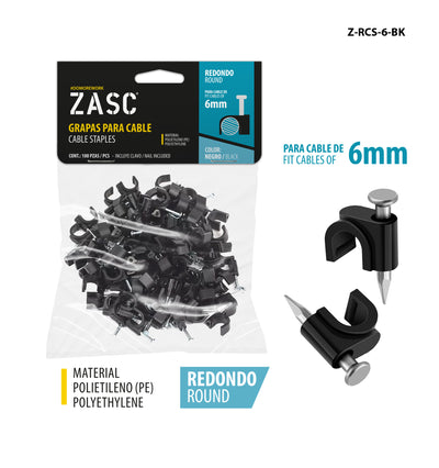 Grapas Cable Negro 6mm ZASC / Z-RCS-6-BK