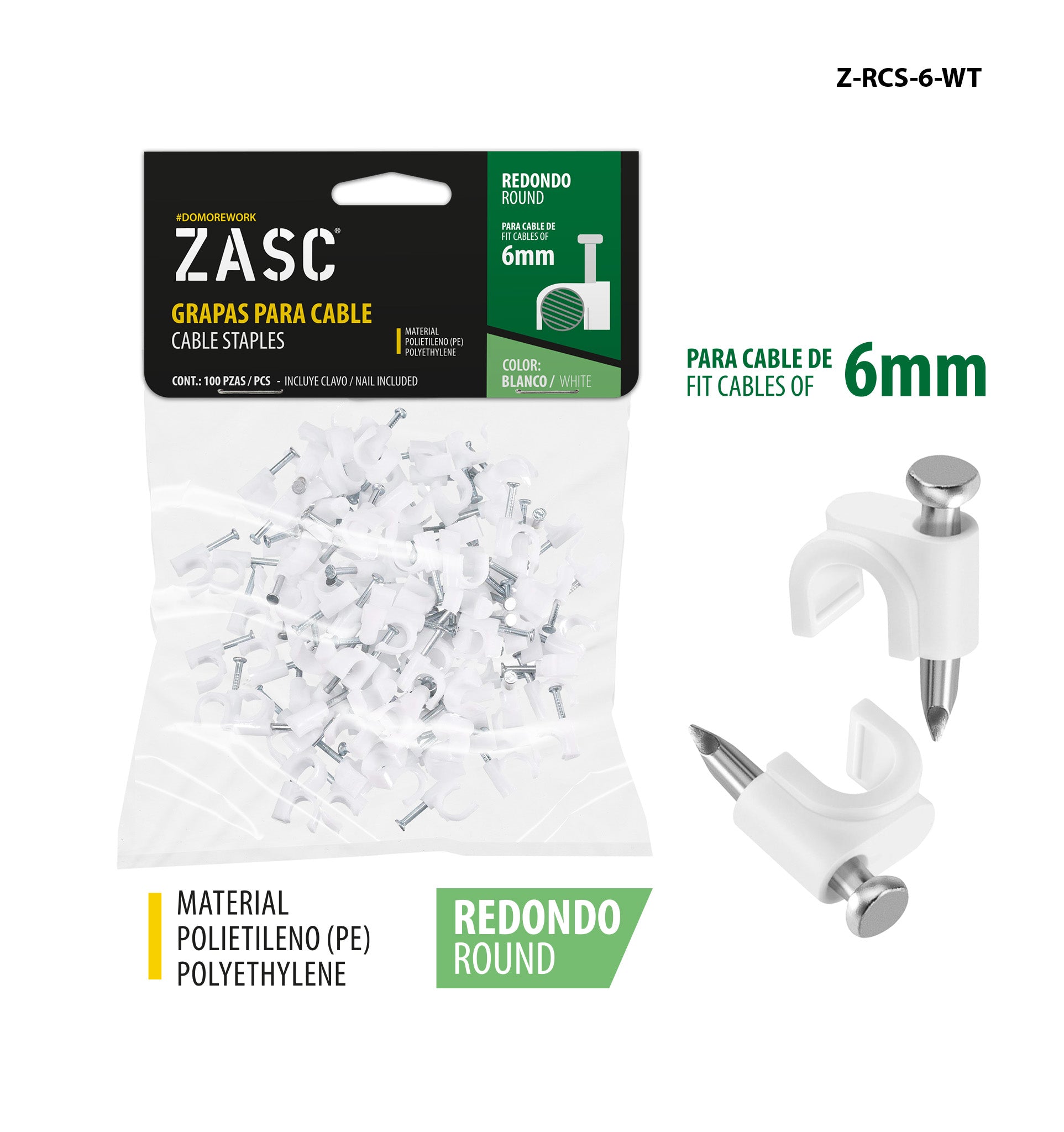 Grapas Cable Blanco 6mm ZASC / Z-RCS-6-WT
