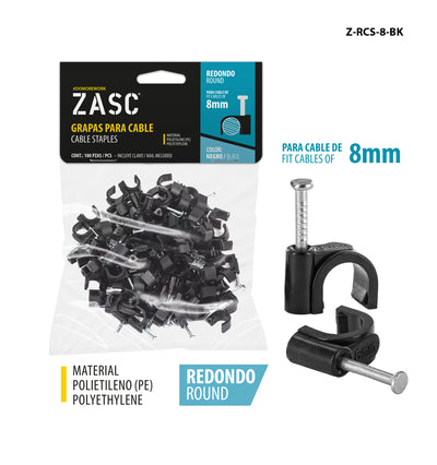 Grapas Cable Negro 8mm ZASC / Z-RCS-8-BK