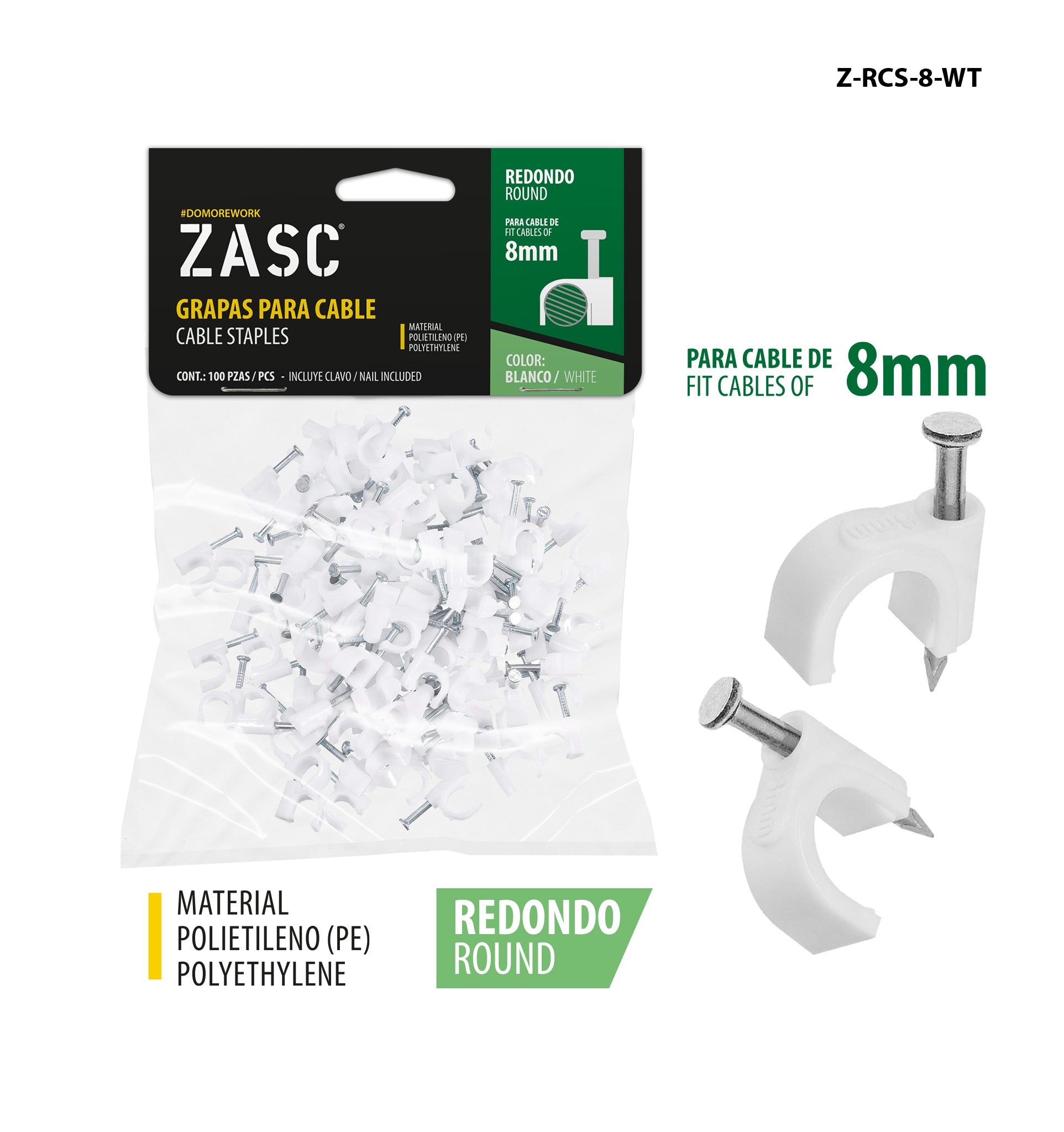 Grapas Cable Blanco 8mm ZASC / Z-RCS-8-WT