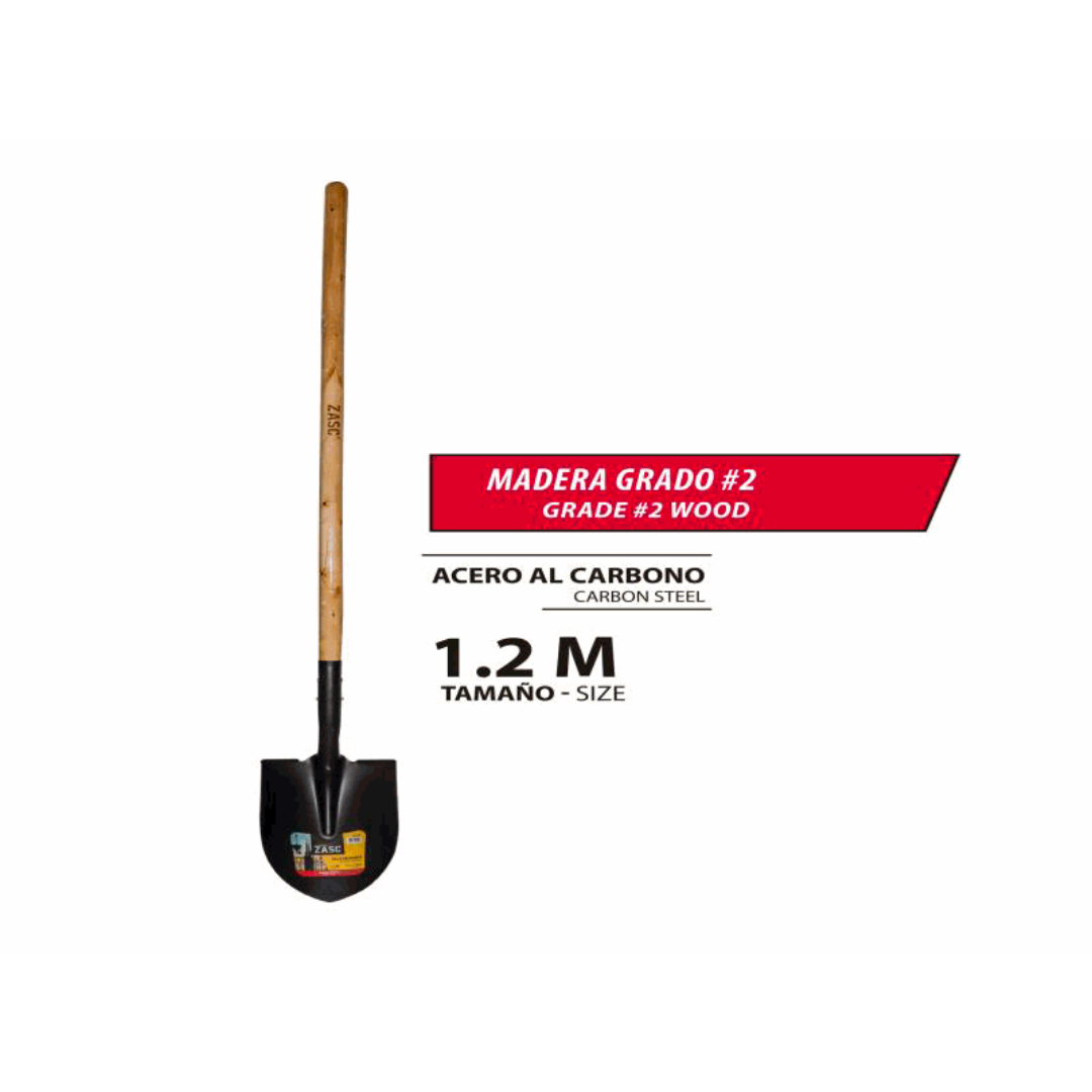 ZASC Round Point Shovel with 1.2M Wooden Handle, Carbon Steel Blade