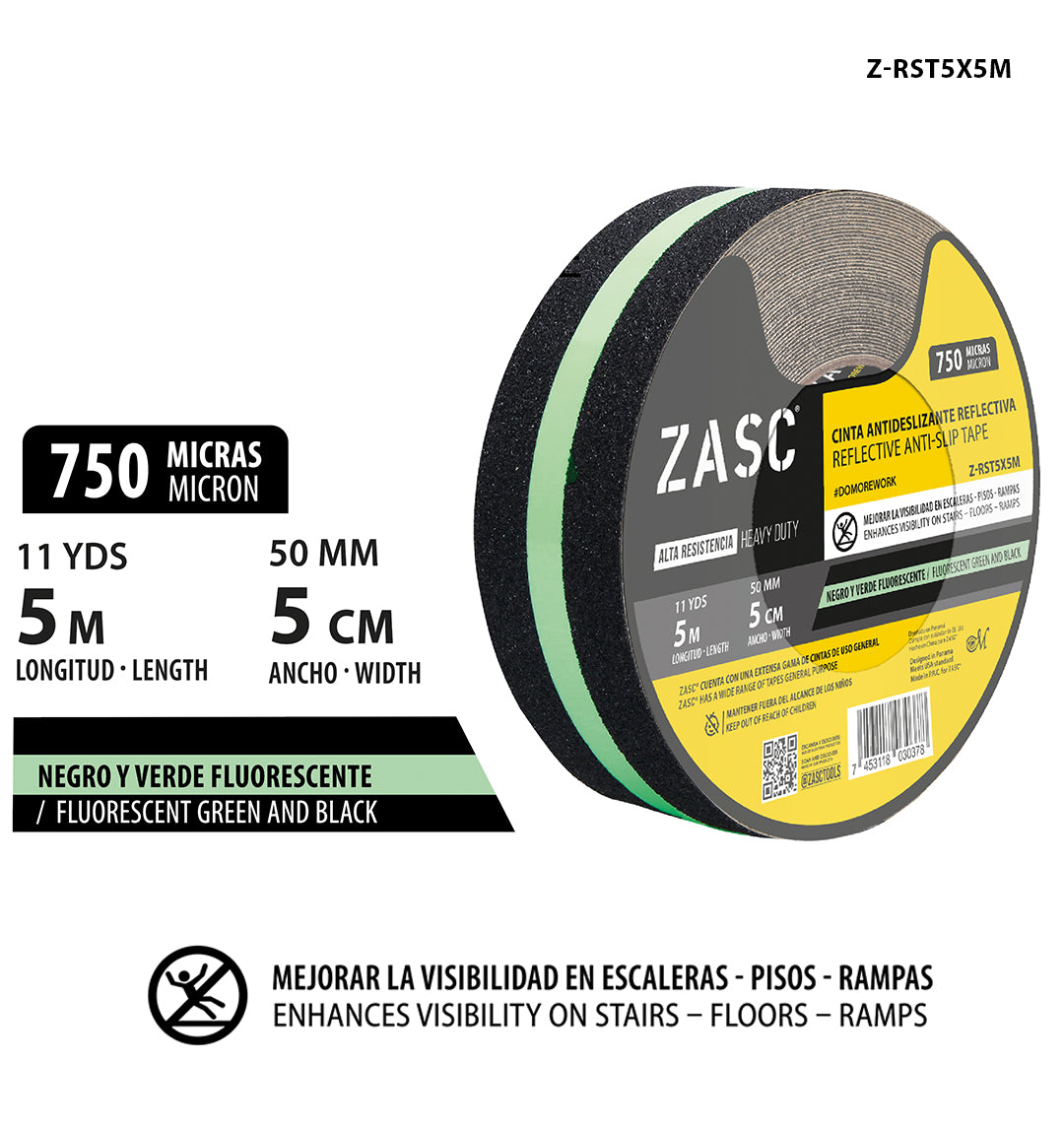Cinta Antideslizante Reflectiva Negro y Verde ZASC / Z-RST5X5M