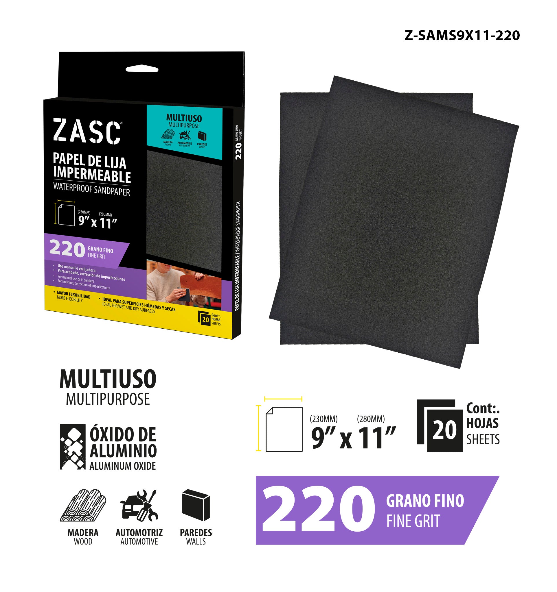 Papel Lija Impermeable 9x11 Grano 220 ZASC / Z-SAMS9X11-220
