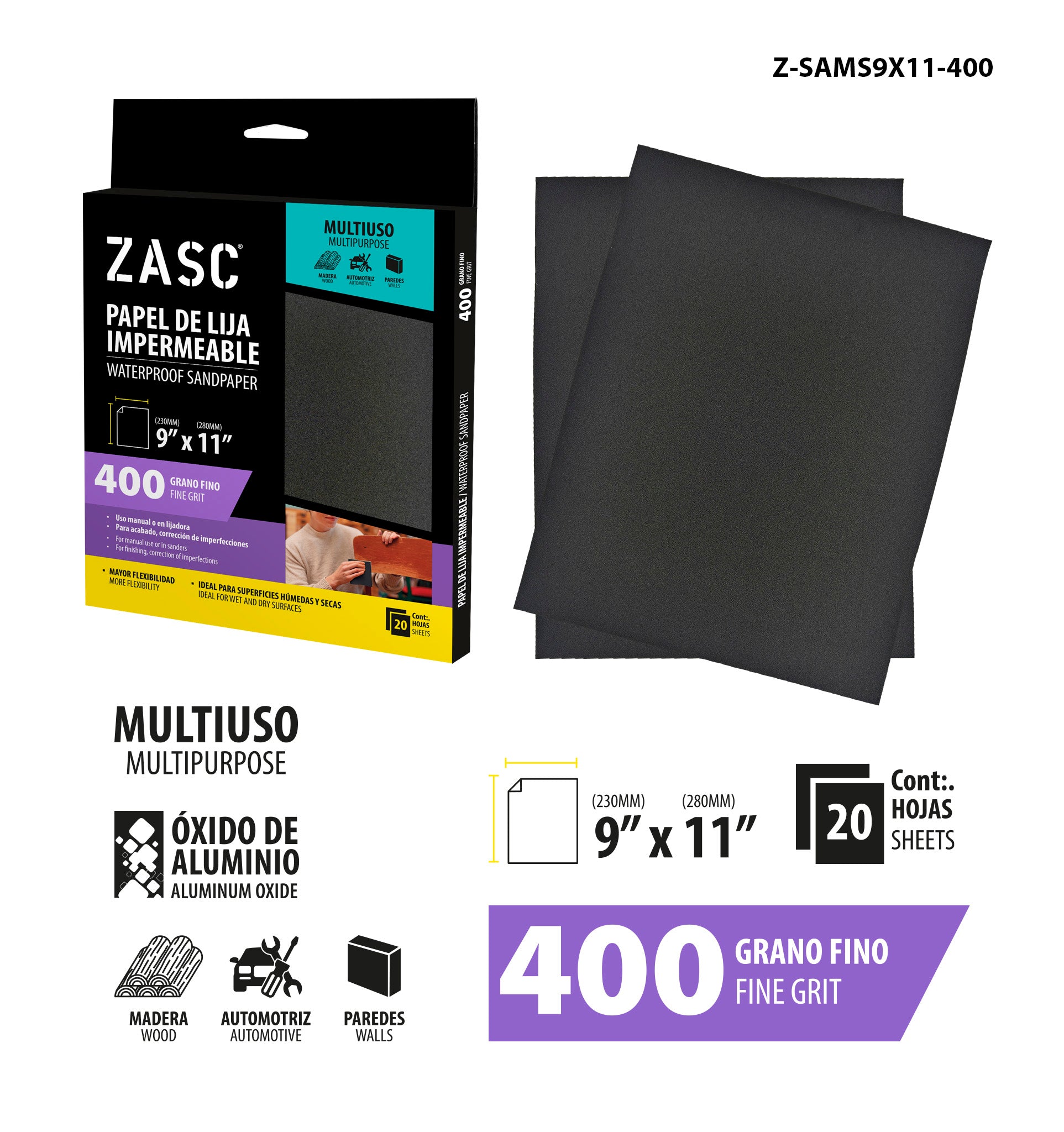 Papel Lija Impermeable 9x11 Grano 400 ZASC / Z-SAMS9X11-400