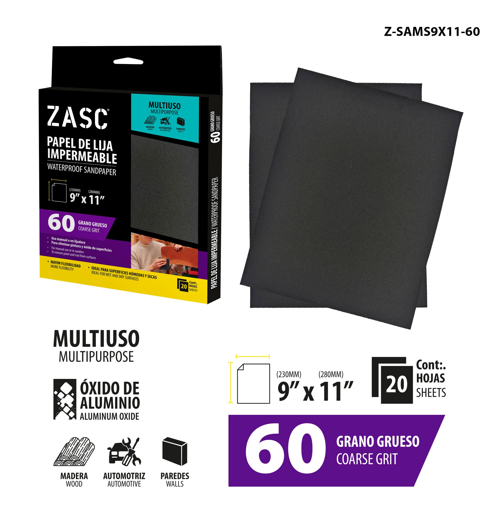 Papel Lija Impermeable 9x11 Grano 60 ZASC / Z-SAMS9X11-60