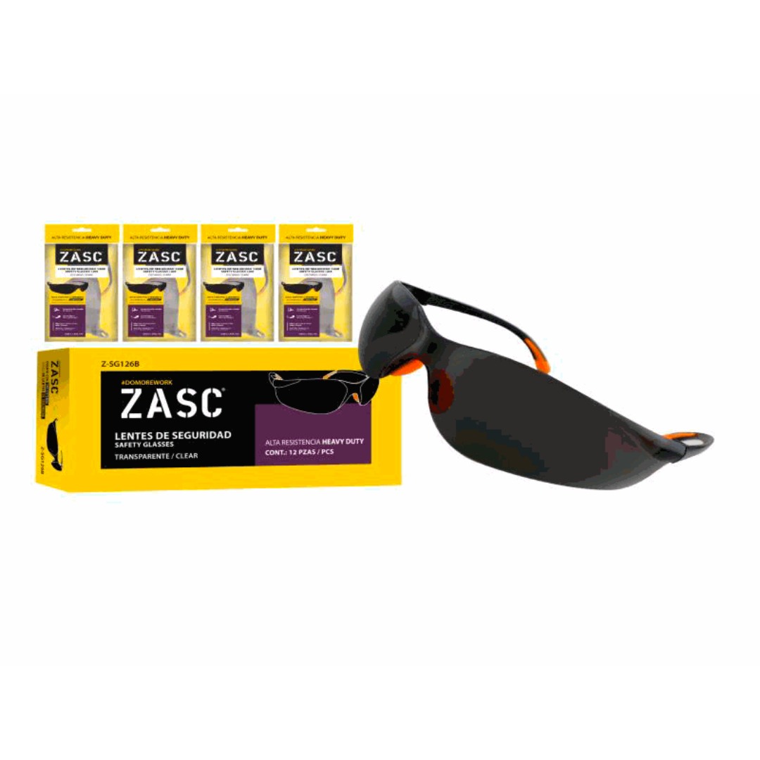 ZASC Heavy-Duty Safety Glasses, Clear Lens, Black Frame, Pack of 12
