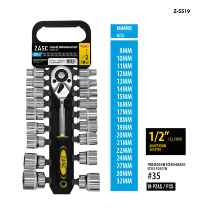 Socket Set with Ratchet 19 pcs Zasc / Z-SS19