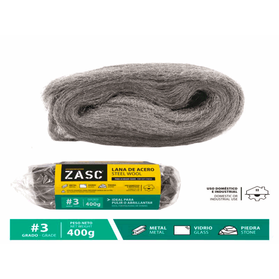 ZASC Steel Wool Grade #3, 400g, Ideal for Polishing Metal, Glass & Stone