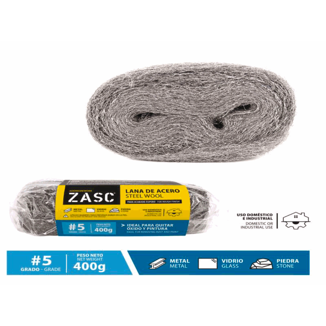 ZASC Steel Wool Grade #5, 400g, Ideal for Removing Rust and Paint from Metal, Glass & Stone