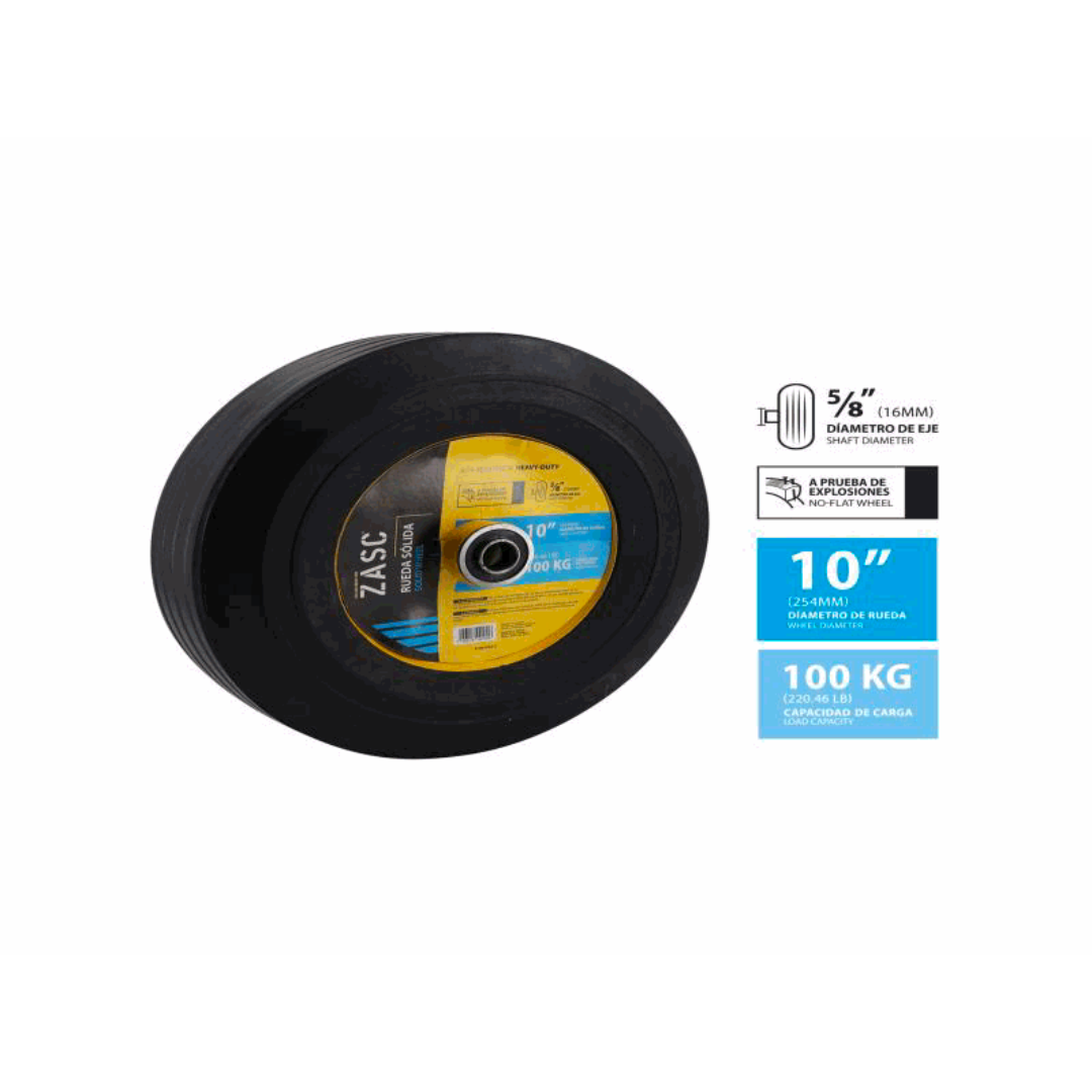 ZASC 10" Solid Rubber Wheel, No-Flat Design, 5/8" Shaft Diameter, 100kg Load Capacity