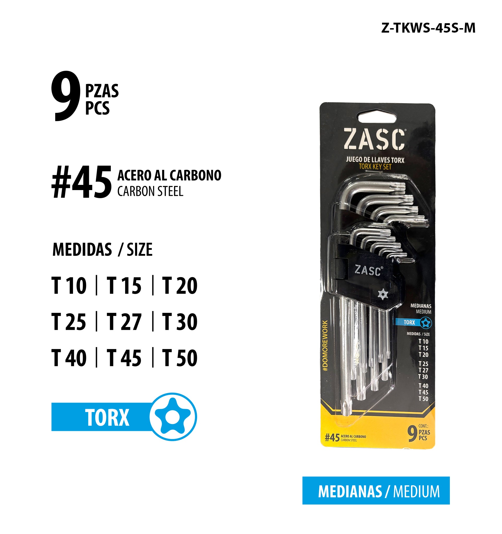 Medium Torx Key Set 9 pcs Zasc / Z-TKWS-45S-M