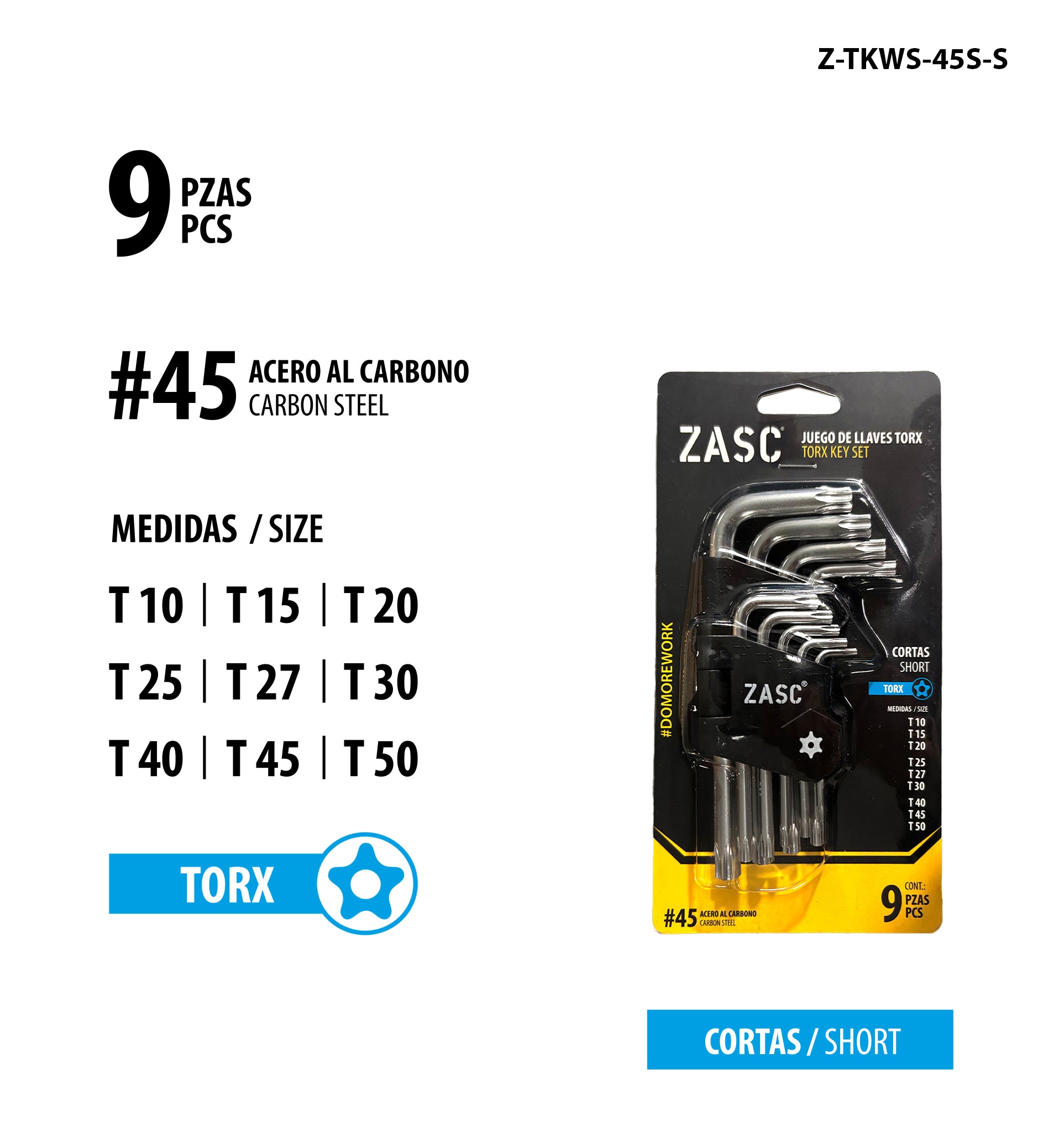 Short Torx Key Set 9 pcs Zasc / Z-TKWS-45S-S