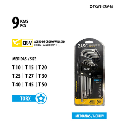 Medium Torx Key Set 9 pcs Zasc / Z-TKWS-CRV-M