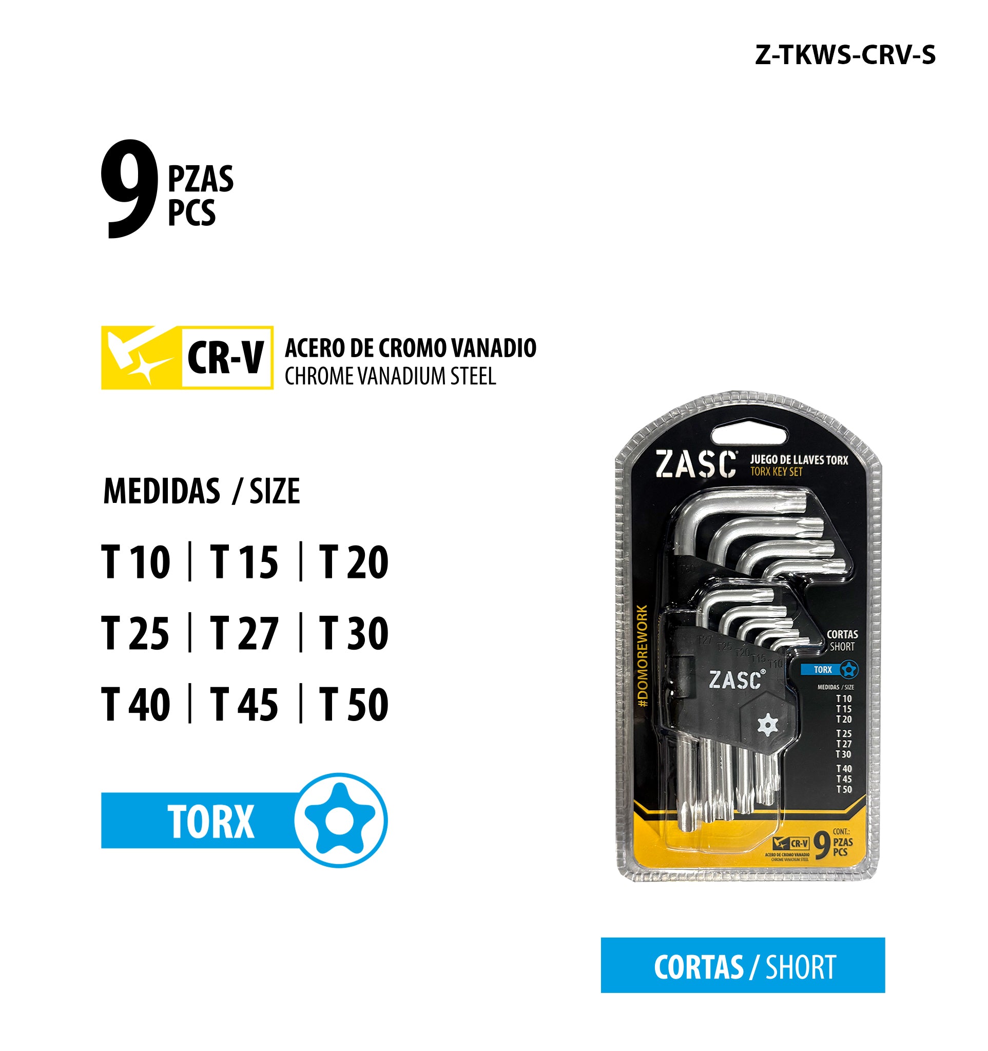 Short Torx Key Set 9 pcs Zasc / Z-TKWS-CRV-S