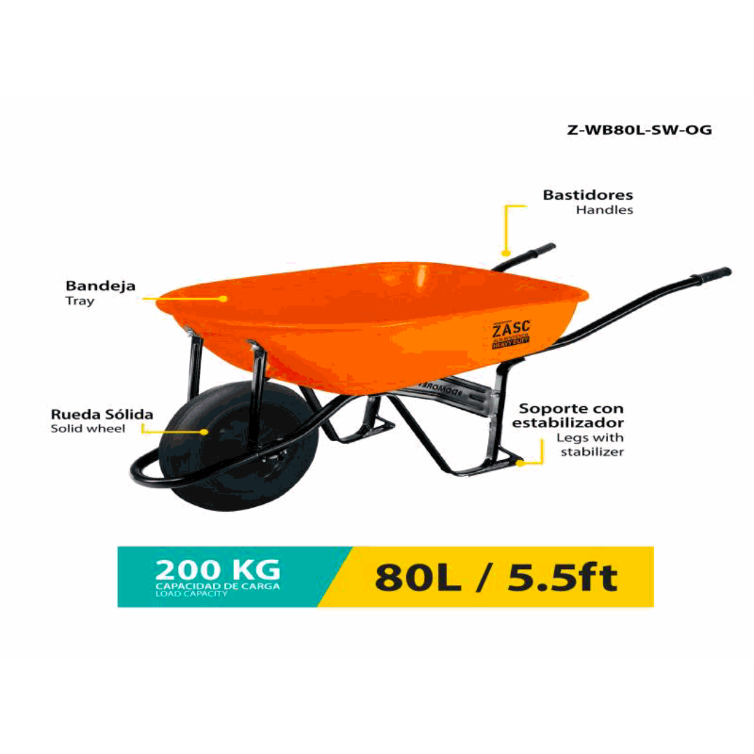 ZASC Heavy-Duty Orange Wheelbarrow 80L Solid Wheel