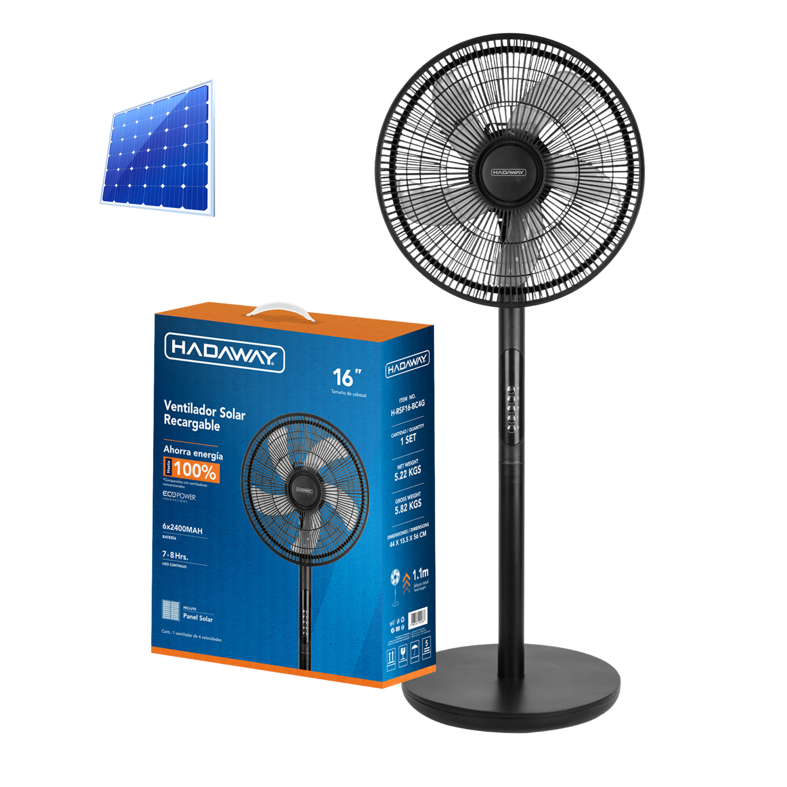 HADAWAY Abanico Recargable de 16" con Panel Solar – Negro