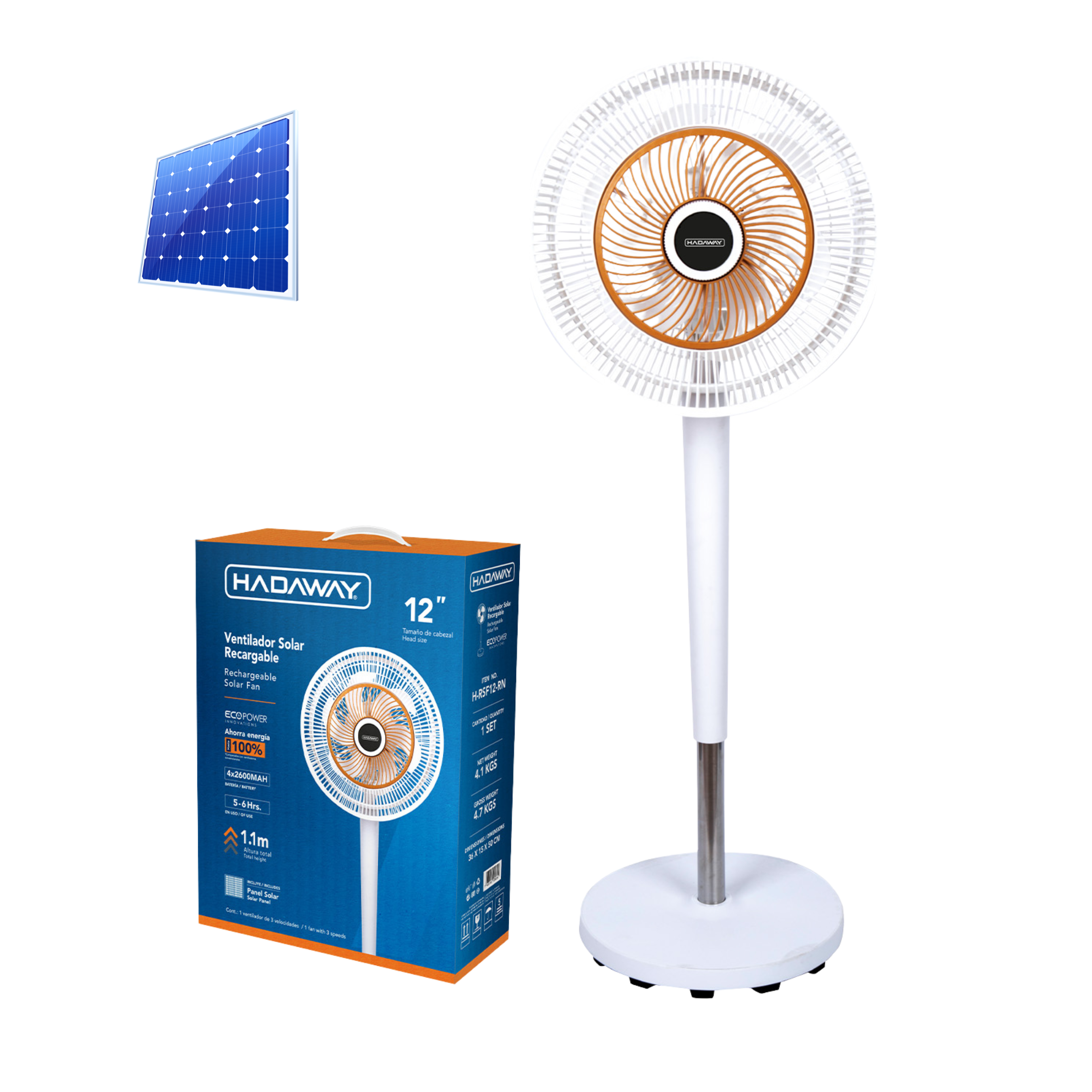 HADAWAY Abanico Recargable de 12" con Panel Solar – Blanco y Cobre