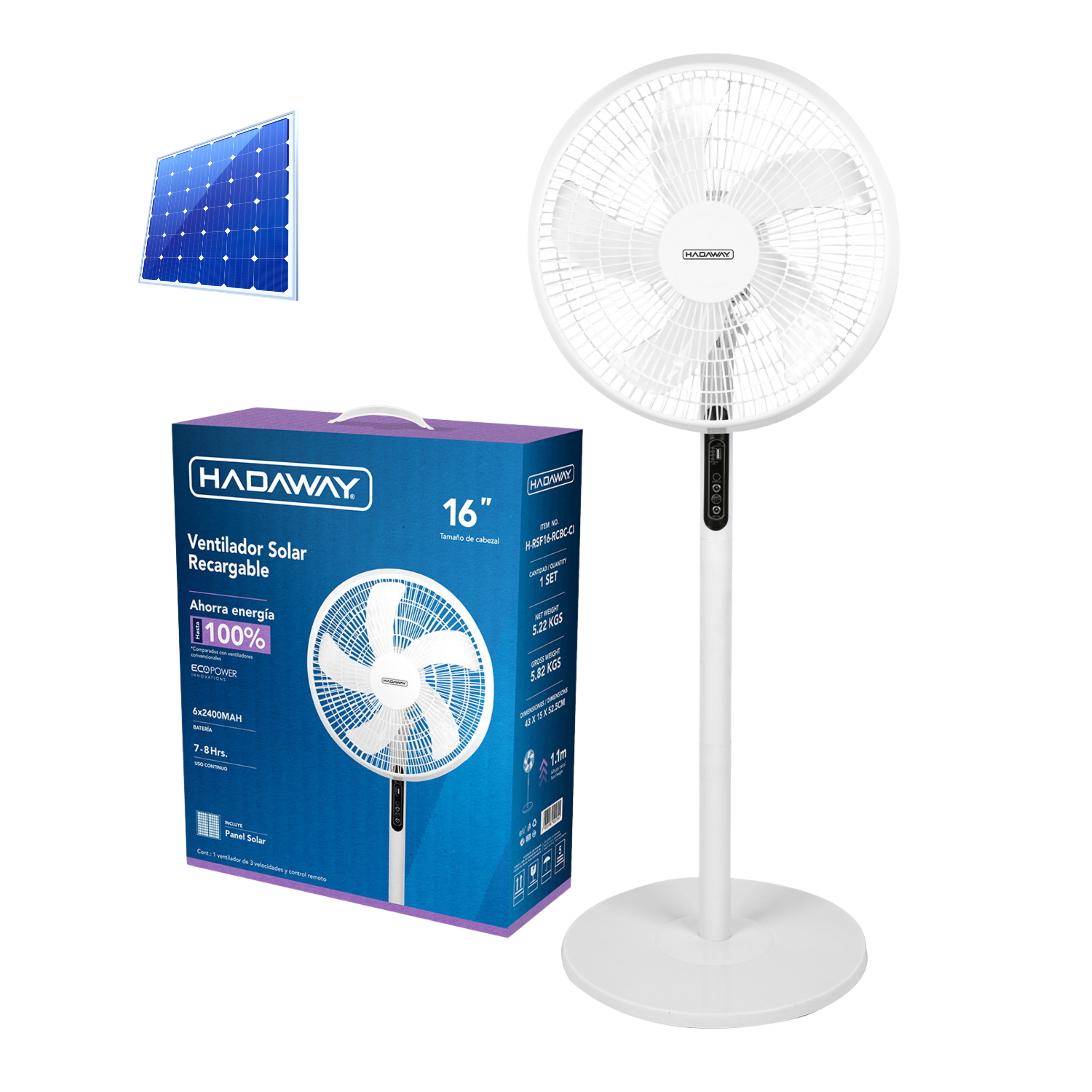 HADAWAY Abanico Recargable de 16" con Panel Solar – Blanco con Panel Negro