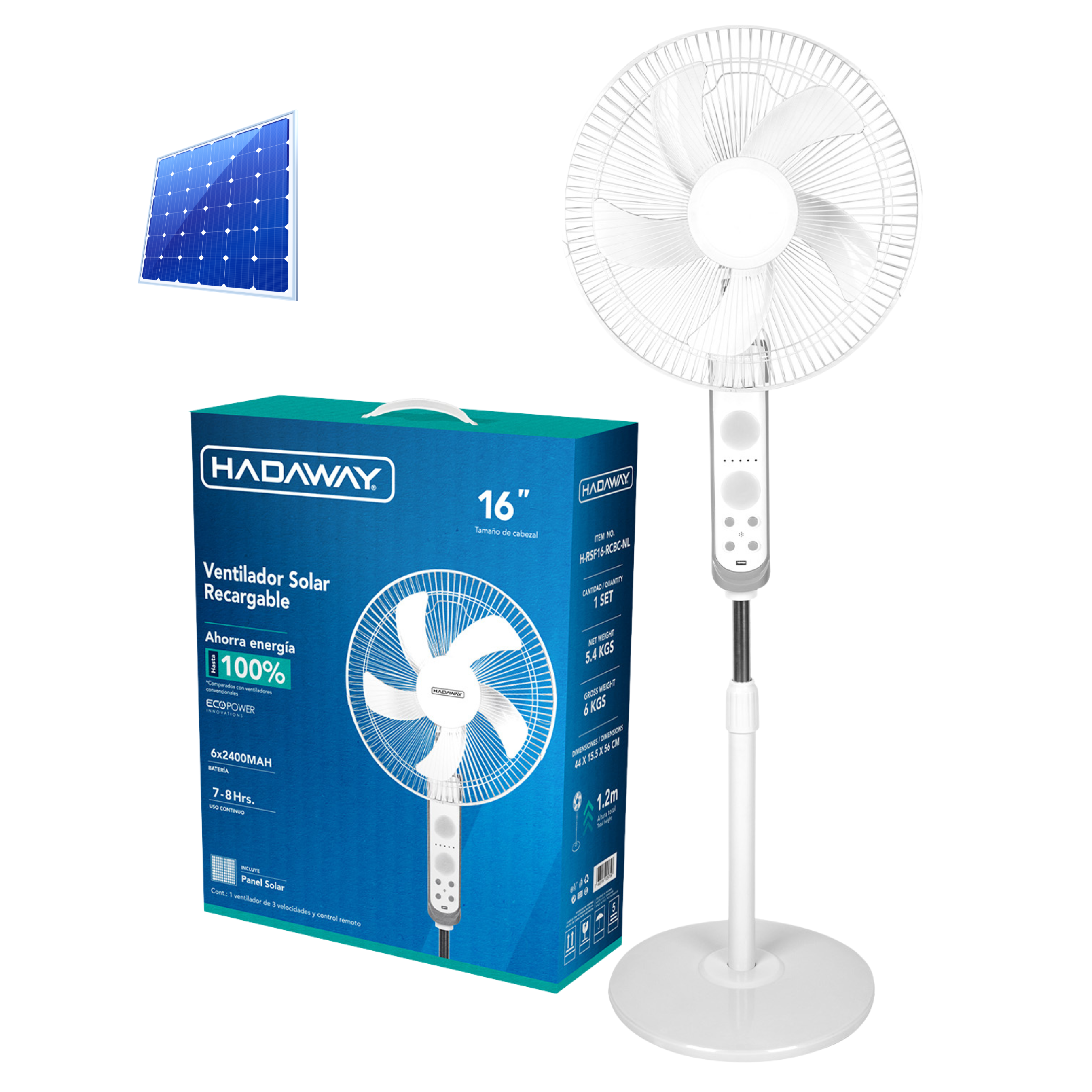 HADAWAY Abanico Recargable de 16" con Panel Solar – Blanco Alto con Panel Redondo