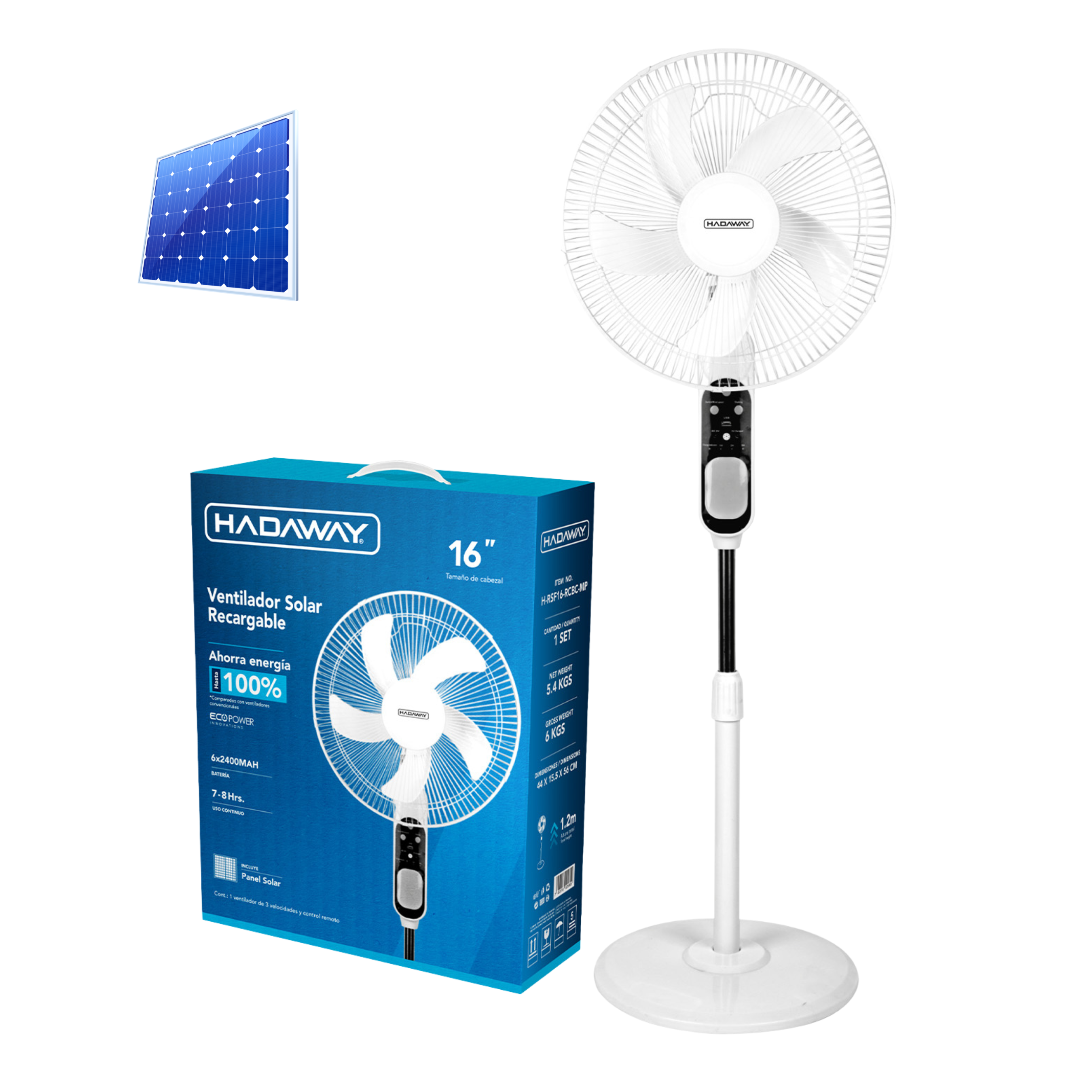 HADAWAY Abanico Recargable de 16" con Panel Solar – Blanco Alto con Panel Moderno