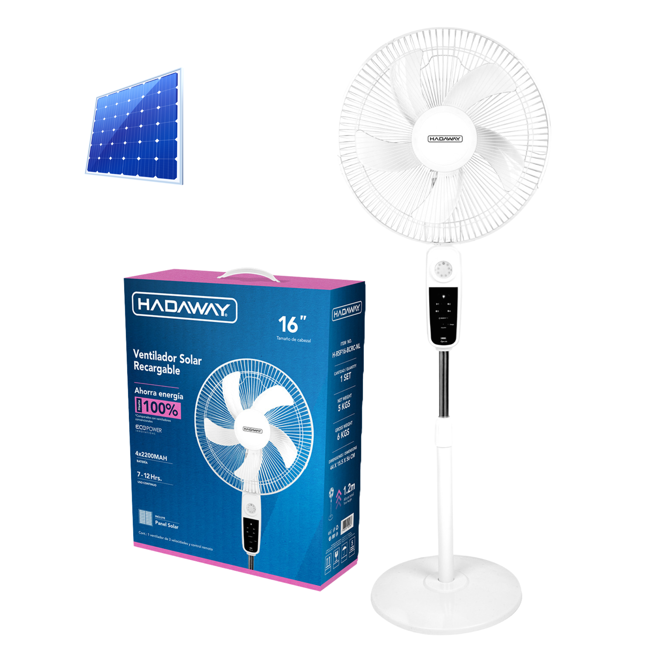 HADAWAY Abanico Recargable de 16" con Panel Solar – Blanco Alto con Panel Negro
